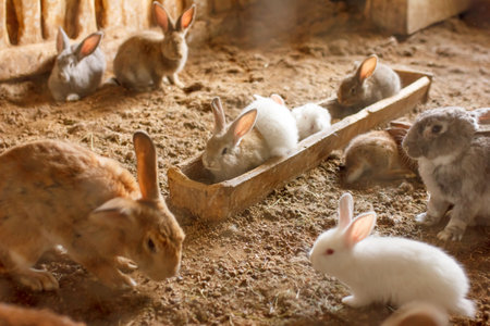 rabbits on the farm in the aviaryの写真素材