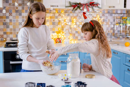 children preparation holiday food. Two sisters bake cookies for Christmasの写真素材