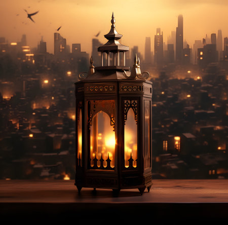 Lantern on wooden table over city background. Ramadan Kareem conceptの素材