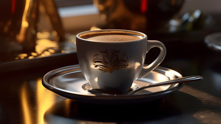 Cup of coffee on a table in a cafe. Selective focus.の素材