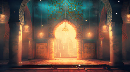 Ramadan Kareem background with mosque door and lights. 3D renderingの素材