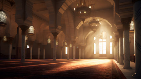 3D rendering of the interior of the mosque in the rays of lightの素材