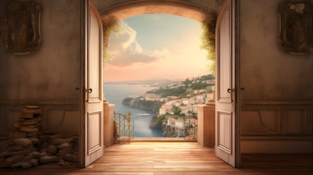 open door to the sea and the city of Dubrovnik in Croatiaの素材
