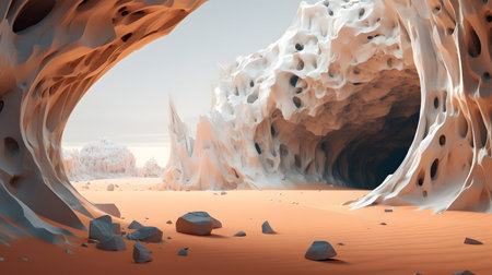 3D illustration of an abstract landscape with a cave in the desertの素材
