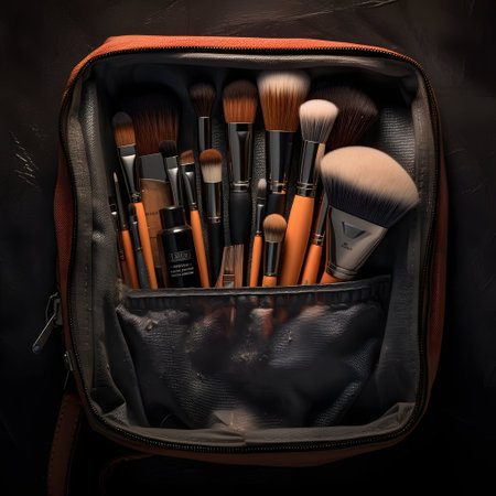 Makeup brushes in a cosmetic bag on a dark background. Close-up.の素材