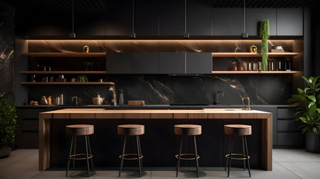 Dark modern kitchen interior with bar counter and stools. 3d renderの素材