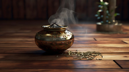 Burning incense in a pot on a wooden table. 3d renderingの素材