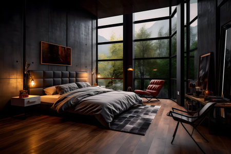 3d rendering of bedroom interior in loft style with mountain view.の素材