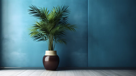 Plant in vase on blue wall background. 3d illustrationの素材