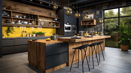 3d Illustration of black modern kitchen in a loft with a beautiful designの素材