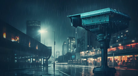 Street lights in the city at night with rain. 3d renderingの素材