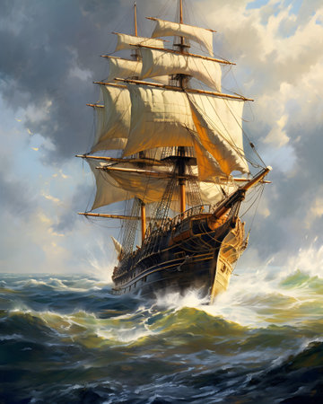 Sailing ship in a stormy sea, 3D illustration.の素材