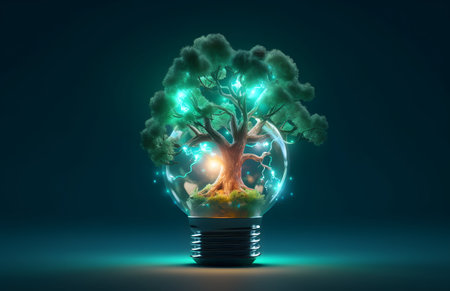 Glowing light bulb with tree inside. Ecology concept. 3D renderingの素材