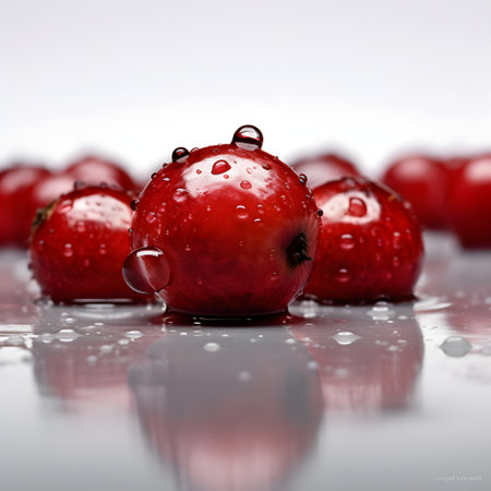 Red cherries with water drops on a white background. Close up.の素材