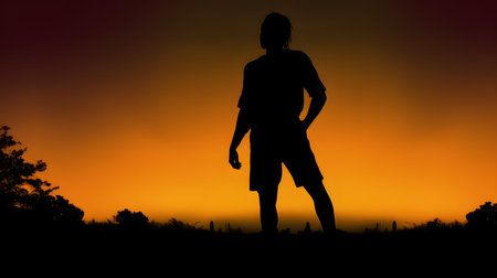 Silhouette of a man standing on the hill at sunset.の素材