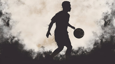 Silhouette of a soccer player in action on a dark backgroundの素材