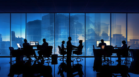 Silhouettes of Business People Working in Office with Cityscape Backgroundの素材