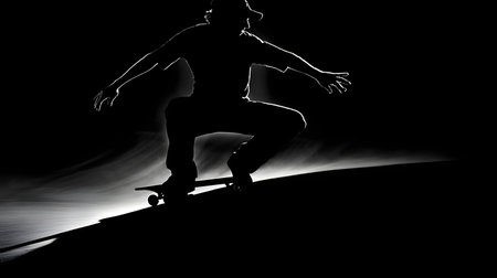 Silhouette of a skateboarder in motion on a black backgroundの素材