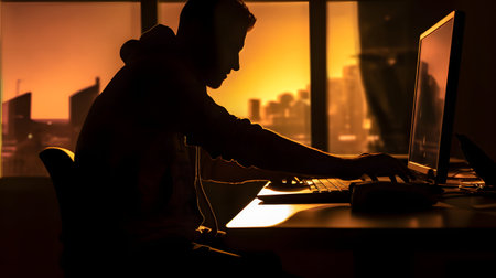 Silhouette of a young man working on a computer at nightの素材
