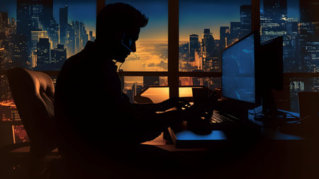 Silhouette of a man working on a computer at night in the officeの素材