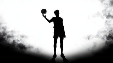 Silhouette of a basketball player with ball against white background with vignetteの素材