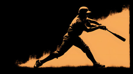 Silhouette of a baseball player in action on a black background.の素材