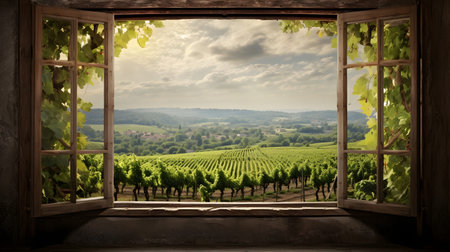 Vineyard in Tuscany, Italy. Panoramic view from the windowの素材