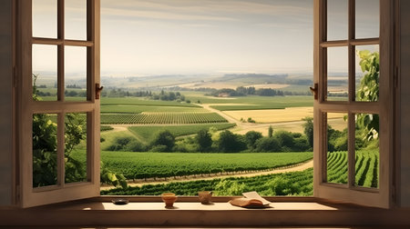 Open window overlooking the vineyards in Tuscany, Italy.の素材