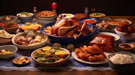 Traditional chinese lunar new year table with roast duck and other dishesの素材