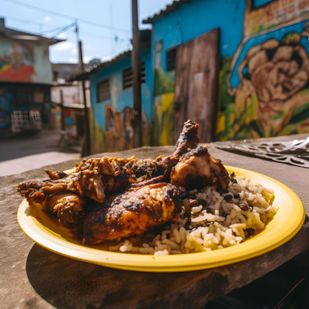 Rice and chicken on the table in the old town of Trinidad, Cuba.の素材