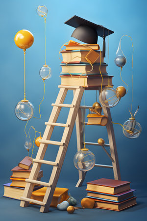 Graduation cap on a ladder with books and balls. Education conceptの素材