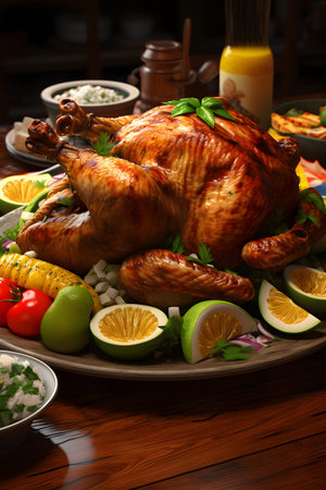 Baked chicken with vegetables and lemon on a wooden table, close-upの素材