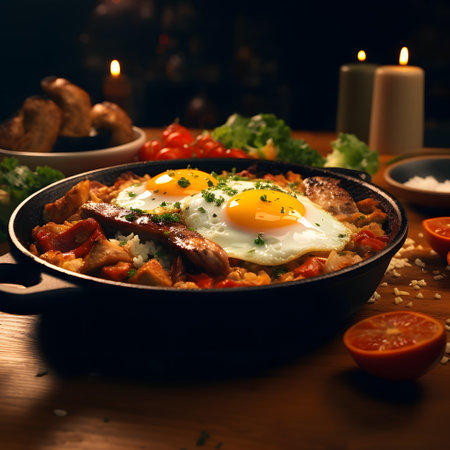 Fried eggs with vegetables in a frying pan on a wooden tableの素材