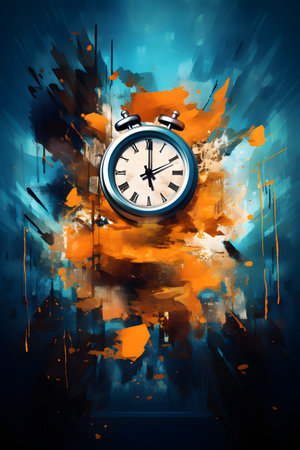 abstract grunge background with blue and orange colors and vintage alarm clockの素材