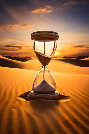 Sandglass in the desert at sunset time. Sand clock on sand backgroundの素材