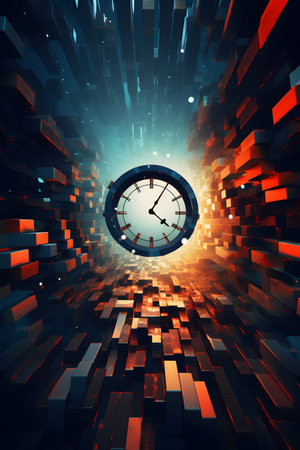 Time concept with clock in abstract space. 3d rendering toned imageの素材