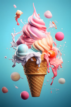 Ice cream in waffle cone with splashes, 3d illustrationの素材