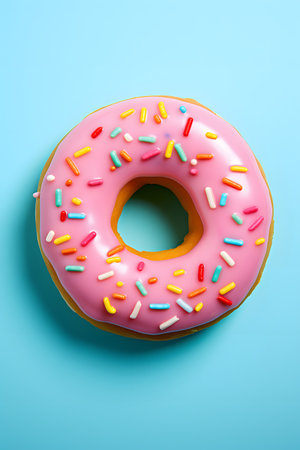 Pink glazed donut with sprinkles on blue background, top viewの素材
