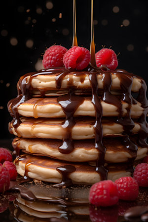 Pancakes with raspberries and chocolate sauce on a black backgroundの素材