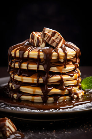 Stack of pancakes with chocolate syrup and marshmallow on a dark backgroundの素材