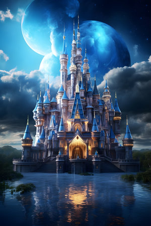 Magic Fairy Tale Princess Castle at night with full moon, 3D illustrationの素材