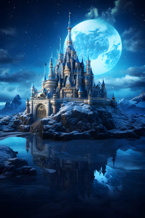 Magic Fairy Tale Princess Castle on a background of blue sky and full moonの素材