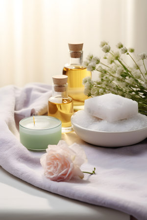 Spa still life with candle, soap and flowers on wooden tableの素材