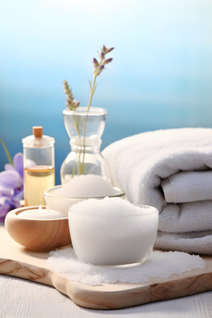 Spa setting with sea salt, towels and flowers on light backgroundの素材