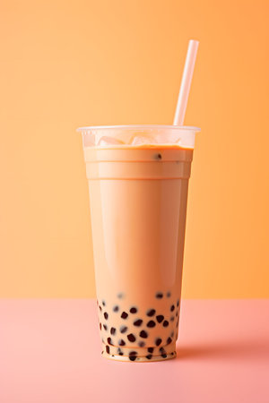 Iced Thai Milk Tea with Bubbles on Pink and Yellow Backgroundの素材