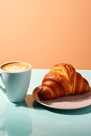 Cup of coffee and croissant on blue and orange backgroundの素材