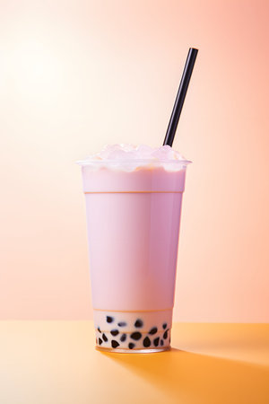 Iced coffee with bubbles in a glass on orange and pink backgroundの素材