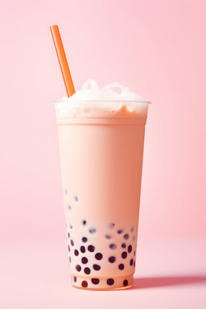 A glass of bubble milk tea with a straw on a pink backgroundの素材