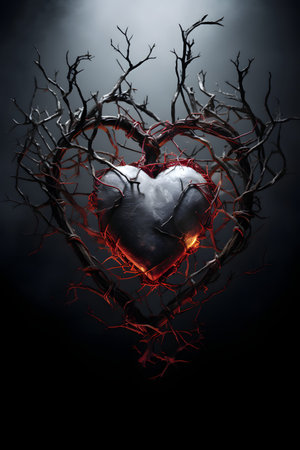 Heart made of tree branches on dark background. 3D rendering.の素材