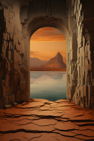 3d render of an old entrance to a lake with a mountain in the backgroundの素材